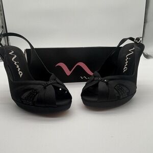 Nina Black Satin‎ Peep Toe Slingback Embellished Rhinestone Platform Size 9.5M
